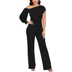 One Shoulder Jumpsuit Womens Medium Wide Leg Tie Waist Formal Evening Romper